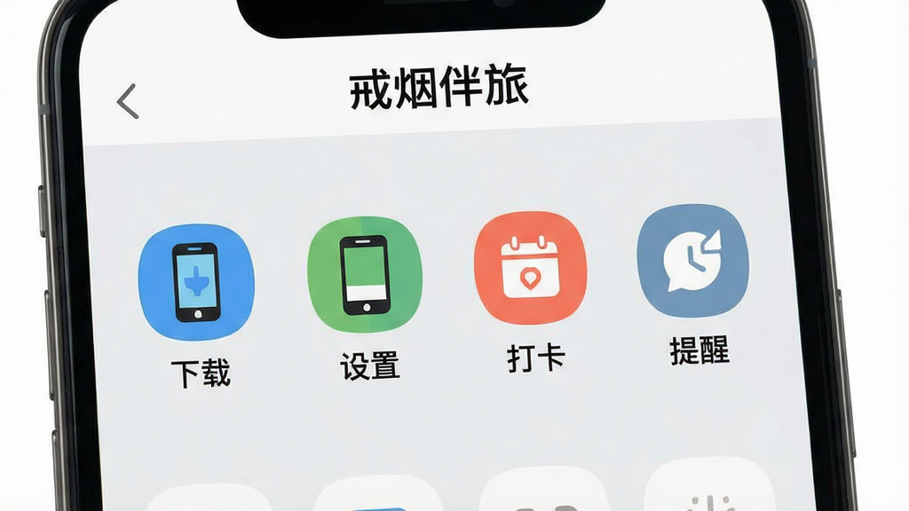 一张手机截图展示戒烟伴旅的“使用指南”页面,界面有清晰的步骤说明图标,包括下载、设置、打卡、提醒等,背景为浅灰色,图标色彩丰富,整体风格清新简洁,画质干净,无多余元素,页面顶部有“戒烟伴旅”字样