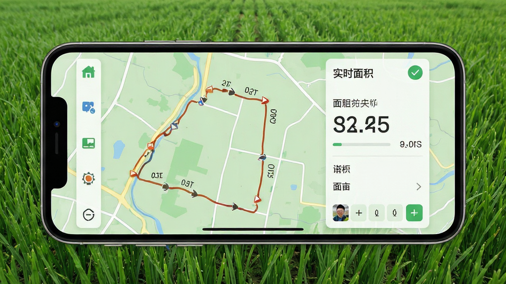 手机测亩测量仪主界面展示,智能手机屏幕显示清晰的地图轨迹与实时面积数据,背景为绿色田野,界面风格简洁现代,布局合理,图标清晰,画质高清干净无多余元素