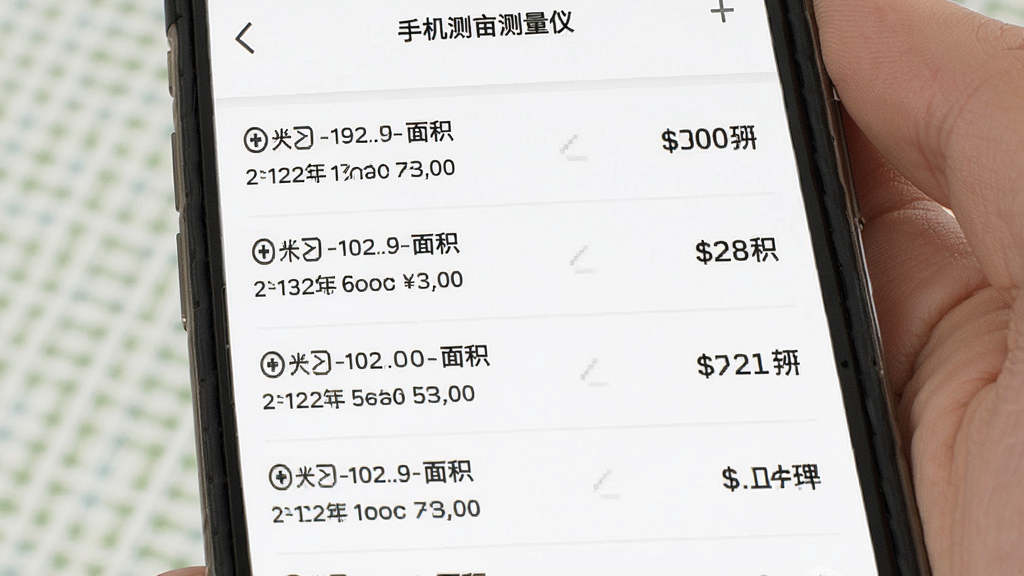 手机测亩测量仪历史记录列表,手机界面展示多条测量记录,包含日期与面积数据,背景为简洁白底,列表清晰,风格简约,画质干净