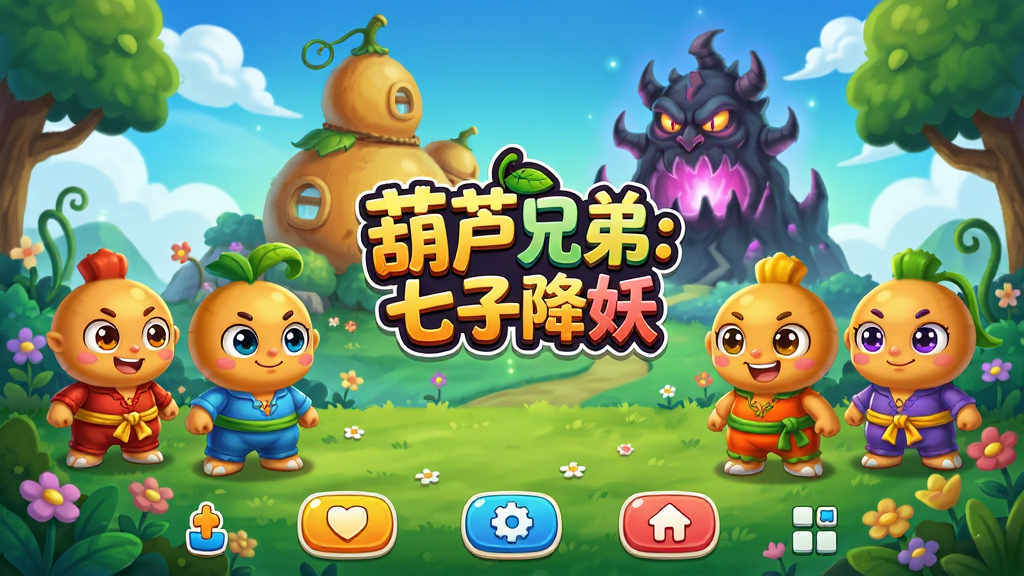 主体:《葫芦兄弟:七子降妖》游戏主界面,七个葫芦兄弟一字排开,背景是葫芦山和妖精洞府,画面中央有游戏LOGO“葫芦兄弟:七子降妖”。布局:主界面居中,角色立绘分布两侧,底部有功能按钮。排版:UI布局清晰,按钮排列整齐。风格:Q版卡通,色彩鲜艳明亮,充满童趣。细节:每个葫芦兄弟穿着不同颜色的衣服,表情生动,场景有花草树木和云朵。画质:高清细腻,干净,无多余元素。