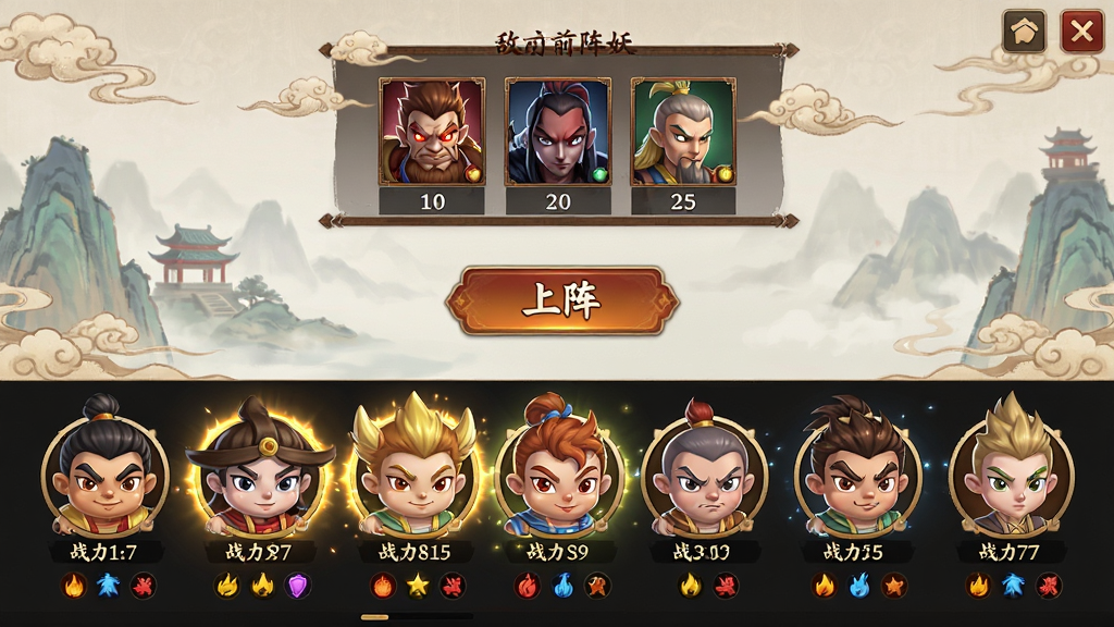 主体:《葫芦兄弟:七子降妖》阵容搭配界面,七个角色头像排列在下方,上方显示敌方阵容信息,中间有“上阵”按钮。布局:界面分上下两栏,清晰展示双方阵容。排版:头像大小统一,信息层次分明。风格:UI设计简洁,带有中国风元素。细节:每个角色头像下方有战力数值和属性图标,上阵角色有高亮光效。画质:高清UI,干净,无多余元素。