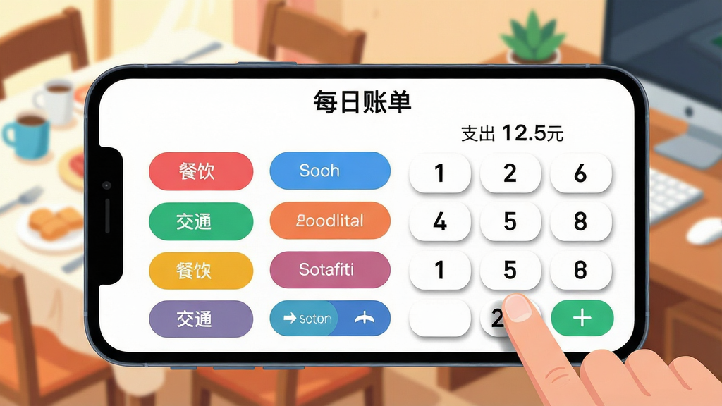 主体:手机屏幕特写,显示“每日账单”的记账界面,数字键盘和分类按钮排列整齐。布局:手机横屏占满画面,背景虚化的日常场景,如餐桌或办公桌。排版:界面左侧是“餐饮”、“交通”等彩色圆钮,右侧是数字键盘,顶部显示“支出 12.5元”。风格:扁平化插画风格,色彩明快,对比度高。细节:手指正在点击键盘上的数字,按钮有按下阴影效果,文字“每日账单”位于界面顶部。画质:高清,干净,无多余元素。