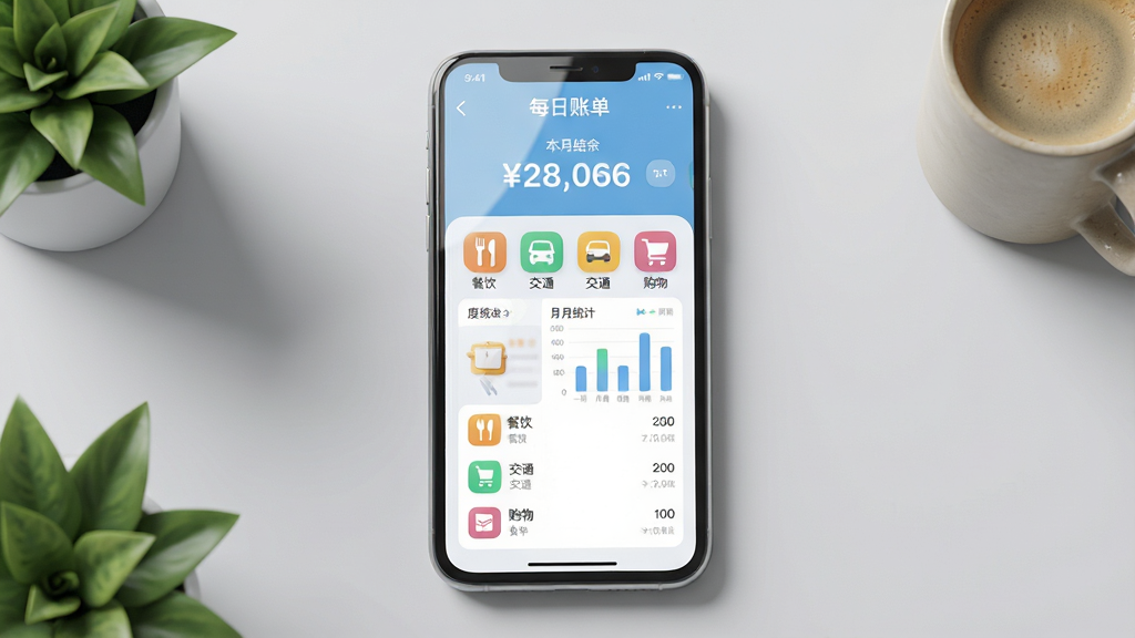 主体:一款名为“每日账单”的记账软件手机界面,屏幕显示清晰的收支分类图标和月度统计柱状图。布局:手机居中放置,背景为浅灰色桌面,周围有少量绿植和咖啡杯点缀。排版:手机屏幕内展示“每日账单”APP主界面,上方是本月结余数字,下方是分类条目如餐饮、交通、购物。风格:写实3D渲染,色彩明亮柔和,主色调为淡蓝和白色,干净整洁。细节:屏幕玻璃反光自然,图标圆润,文字“每日账单”清晰可见。画质:高清8K,干净,无多余元素。