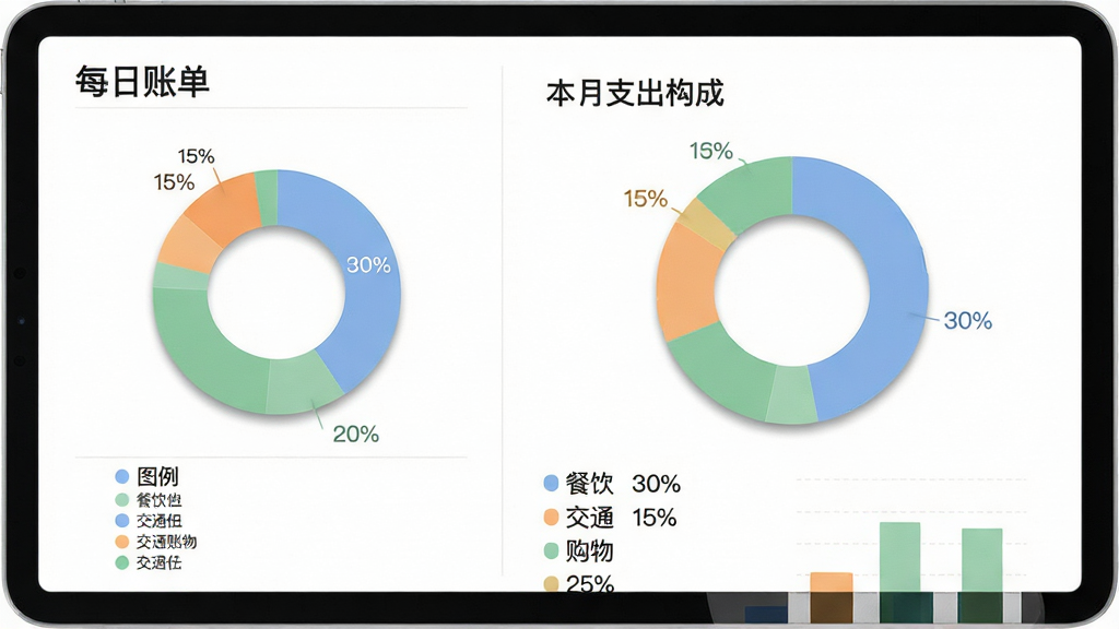 主体:“每日账单”应用的分类统计页面,展示环形图和条形图。布局:平板设备竖屏展示,左侧为图例,右侧为数据。排版:图表上方显示“本月支出构成”,下方列出“餐饮 30%”、“交通 15%”、“购物 25%”等条目。风格:商务简约风格,背景为白色,图表用蓝、橙、绿等柔和色块。细节:每个色块边缘有细微阴影,百分比如实显示,首页有“每日账单”字样。画质:高清,干净,无多余元素。