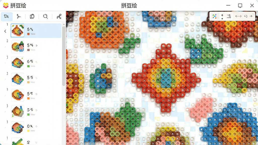 拼豆绘软件主界面展示,左侧为图纸列表,右侧为画布编辑区,色彩鲜艳的拼豆图案铺满屏幕,界面简洁明亮,现代扁平化风格,干净无多余元素,高画质,软件名称“拼豆绘”显示在顶部标题栏,布局清晰,排版整齐,细节丰富,画质高清,干净无多余元素。