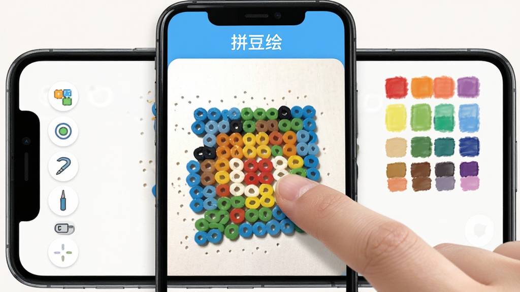 拼豆绘手机操作截图,展示手指在屏幕上绘制拼豆图案,周围有工具栏和色板,界面明亮,操作直观,软件名称“拼豆绘”在屏幕上方,真实感场景,干净无多余元素,高画质。