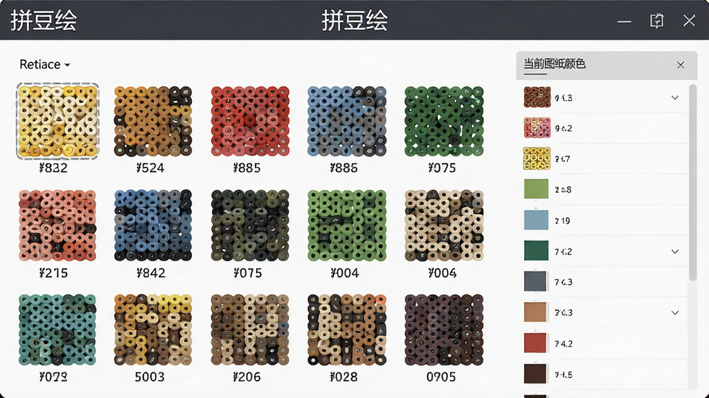 拼豆绘颜色管理面板,展示多种拼豆色卡,每个色块下方标注色号,右侧为当前图纸颜色统计列表,界面清晰,色彩准确,软件名称“拼豆绘”在面板顶部,简洁商务风格,干净无多余元素,高画质。