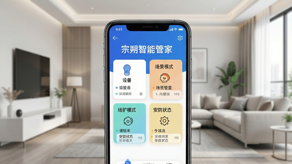 展示宗朔智能管家的核心全貌,画面中央为手机APP主界面,界面上方显示“宗朔智能管家”字样,下方排列着设备列表、场景模式、安防状态等卡片式图标,背景为现代简约的客厅环境,光线明亮柔和,整体风格科技感十足,布局清晰,排版整洁,细节丰富,画质高清干净,无多余元素。