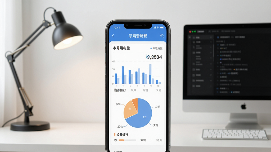 展示宗朔智能管家的能耗统计界面,画面为手机APP显示柱状图和饼图,上面有“本月用电量”、“设备排行”等数据,背景为简约的书房环境,有台灯和电脑,整体风格清新淡雅,布局合理,排版清晰,细节精致,画质高清干净,无多余元素。