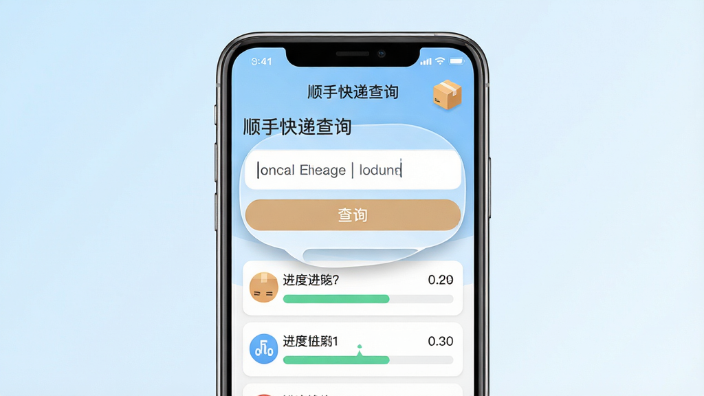 主体:一款名为“顺手快递查询”的手机应用界面,展示在智能手机屏幕上,背景为浅蓝色渐变,中间显示一个放大的快递单号输入框和“查询”按钮,下方列出几条物流进度条。布局:手机居中,屏幕内容清晰可见,整体构图平衡,周围留白干净。排版:界面元素排列整齐,文字标签清晰,物流信息以列表形式纵向排列。风格:扁平化设计,色彩清新明快,图标简洁圆润。细节:屏幕右上角显示一个小巧的快递箱图标,顶部状态栏有电量和时间。画质:高清渲染,干净无多余元素。