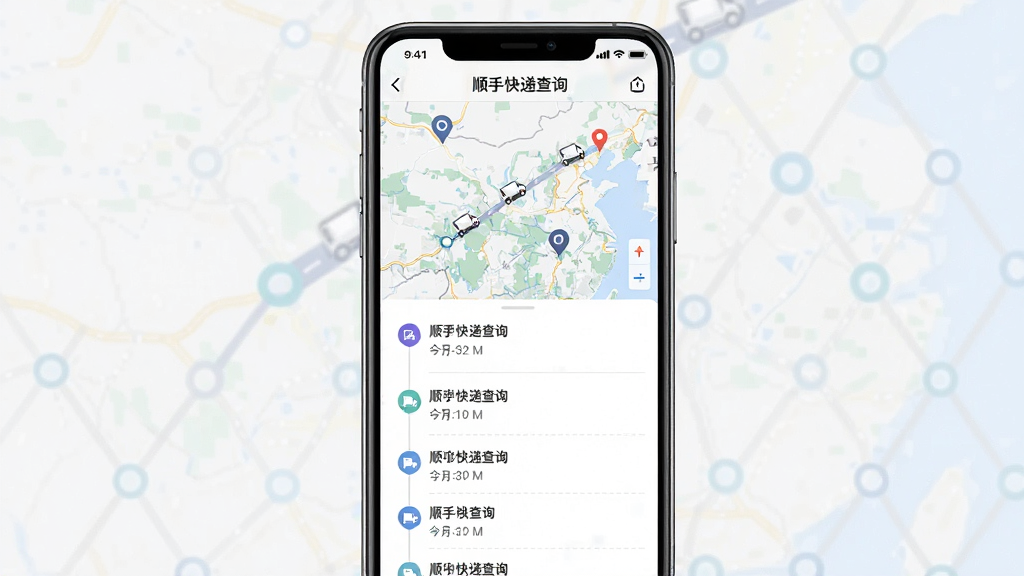 主体:“顺手快递查询”应用界面,展示全链路轨迹跟踪页面,地图上标记多个物流节点,下方有详细的文字记录列表。布局:上方为地图视图,下方为时间线列表,手机竖屏展示。排版:地图占屏幕上半部分,列表下半部分,每个节点有图标和时间戳。风格:简洁商务风格,地图配色柔和,列表文字清晰。细节:地图上有小车图标移动轨迹,节点用圆点标识,列表每行有分隔线。画质:高清渲染,干净无多余元素。