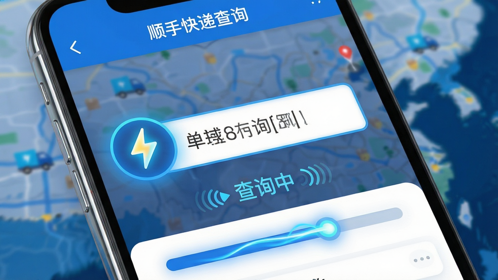 主体:“顺手快递查询”应用界面,展示极速查询过程,中央有一个放大的单号输入框,旁边有闪电图标,下方显示“查询中”的动画状态。布局:手机屏幕特写,视觉焦点集中在输入框和状态提示,背景为动态模糊的物流地图。排版:界面文字简洁,状态提示突出,下方有进度条动画。风格:科技感扁平风格,主色调为蓝色和白色。细节:闪电图标发光,进度条有流动光效,屏幕边缘有轻微反光。画质:高清晰度,干净无多余元素。