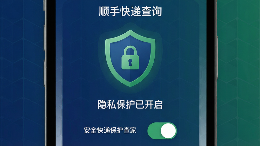 主体:“顺手快递查询”应用界面,展示隐私保护功能,有盾牌图标和“隐私保护已开启”文字。布局:手机屏幕居中显示盾牌图标,下方有文字说明和开关按钮。排版:图标居中,文字在下方,整体简洁。风格:安全感设计,主色调为深蓝色和绿色。细节:盾牌图标带有锁形装饰,背景有微弱的网格纹理。画质:高清,干净无多余元素。