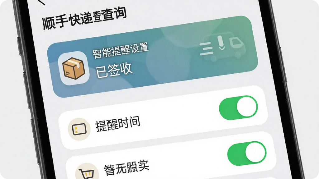 主体:“顺手快递查询”应用界面,展示智能提醒设置页面,有开关按钮和提醒时间选项。布局:手机屏幕特写,上方为通知预览卡片,下方为设置列表。排版:通知卡片以横幅形式展示,下方列表有多个开关选项。风格:圆角卡片设计,背景为浅灰色,开关为绿色。细节:通知卡片上有快递图标和“已签收”文字,列表选项有图标和说明。画质:干净清晰,无多余元素。
