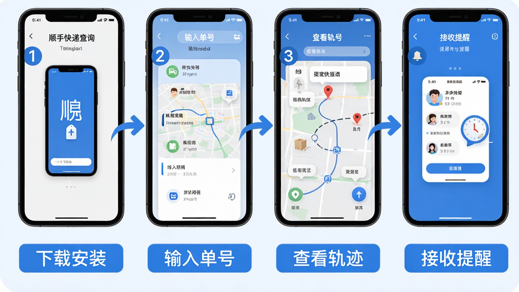 主体:“顺手快递查询”应用使用步骤示意图,分四步展示:下载安装、输入单号、查看轨迹、接收提醒。布局:四个手机屏幕横向排列,每屏下方有文字说明。排版:每个屏幕截图清晰,步骤序号突出。风格:简洁教程风格,背景为浅色。细节:每个屏幕有箭头连接,步骤文字用蓝色标注。画质:高清,干净无多余元素。