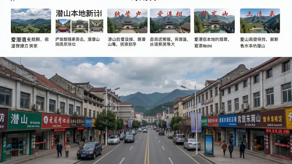 爱潜山本地资讯页面截图,顶部为新闻标题列表,配以缩略图,背景为潜山城市街景,风格写实,UI布局清晰,信息层级分明,文字可读性强,画质清晰,干净无多余元素