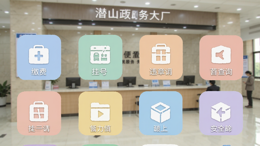 爱潜山便民服务功能界面,图标网格排列,包含缴费、挂号、违章查询等,背景为潜山政务大厅,风格扁平化,色彩柔和,图标辨识度高,画质清晰,干净无多余元素