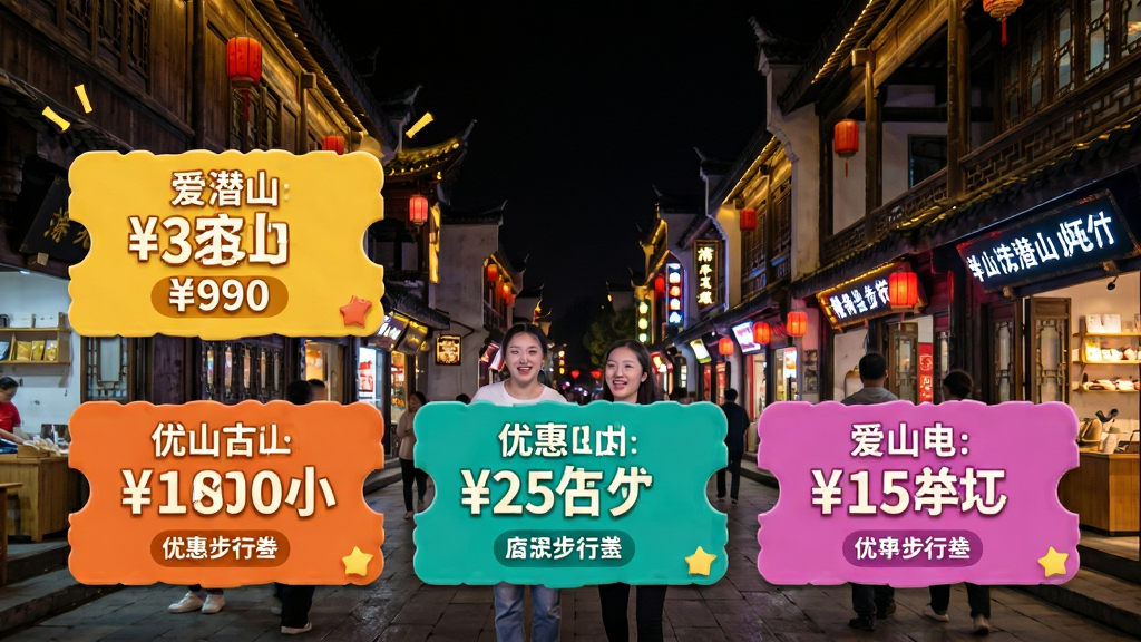 爱潜山商家优惠列表,展示各类店铺优惠券卡片,背景为潜山步行街夜景,风格活泼,色彩鲜艳,优惠信息醒目,画质清晰,干净无多余元素