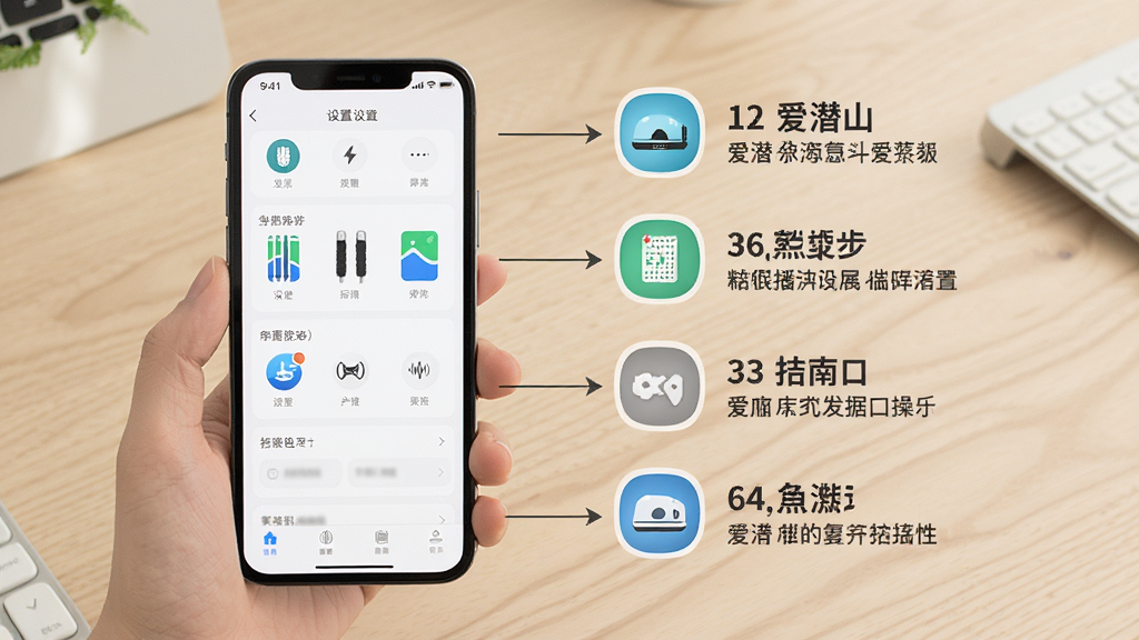 爱潜山使用指南教程示意图,手机屏幕显示设置页面,旁边有操作步骤标注,背景为浅色桌面,风格简洁,图标清晰,画质干净,无多余元素