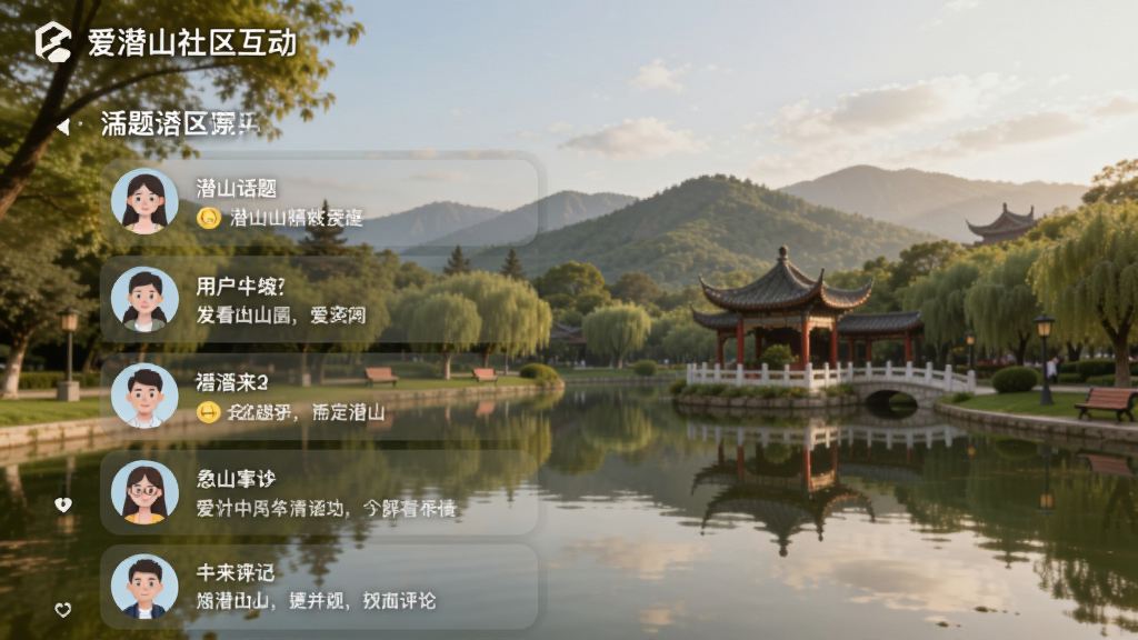 爱潜山社区互动页面,显示话题列表和用户评论,背景为潜山公园,风格温馨,用户头像清晰,评论内容可读,画质干净,无多余元素