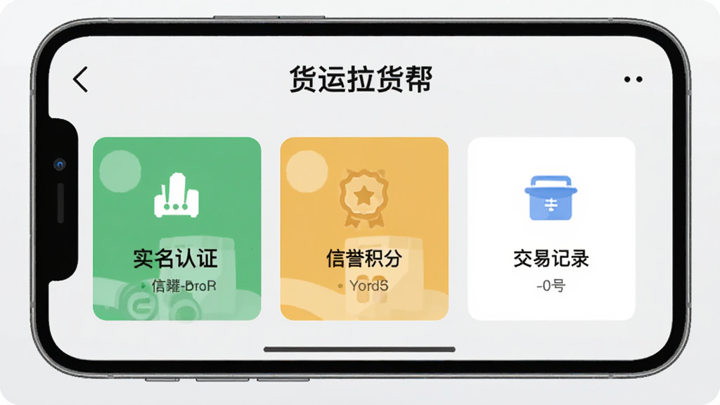 展示“货运拉货帮”APP的个人中心界面,页面有实名认证、信誉积分、交易记录等功能模块图标,背景为浅灰色,整体风格扁平化,干净整洁,界面排版清晰,画质高清