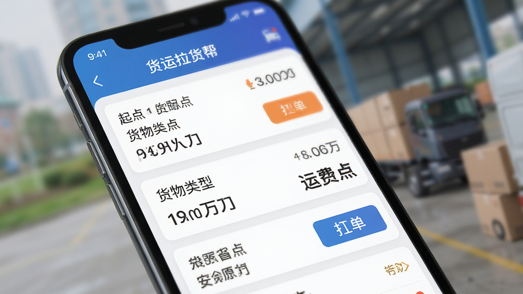 手机界面特写,屏幕显示“货运拉货帮”APP的货源列表页面,上面有清晰的起点终点、货物类型、运费金额和抢单按钮,界面设计简洁现代,UI元素排版整齐,画质高清,背景虚化处理