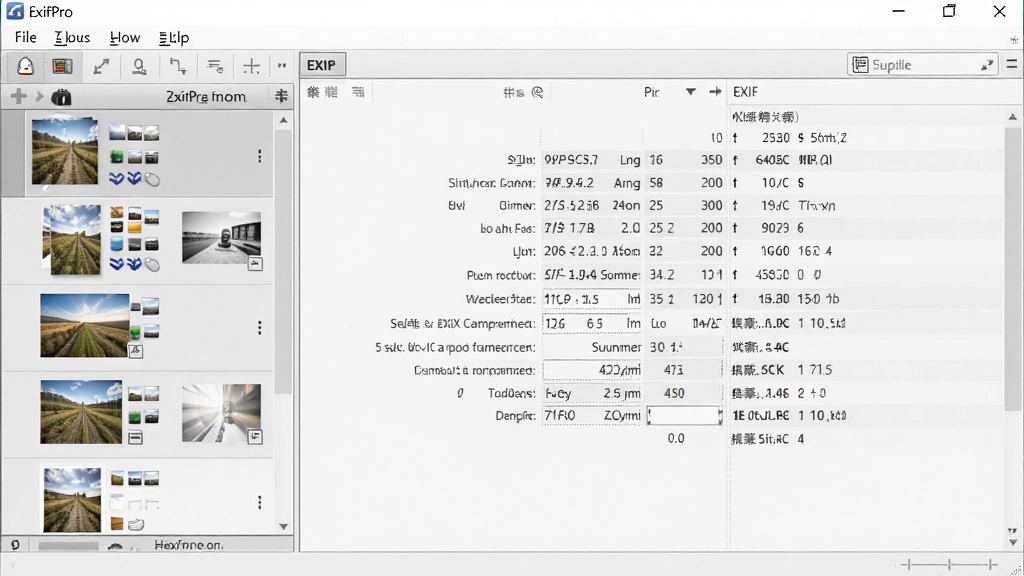 ExifPro软件界面截图,主体为软件主窗口,左侧是照片列表,右侧显示EXIF信息面板,布局清晰,排版整齐,风格简洁现代,细节包括相机型号、光圈、快门等参数,画质高清,干净无多余元素。