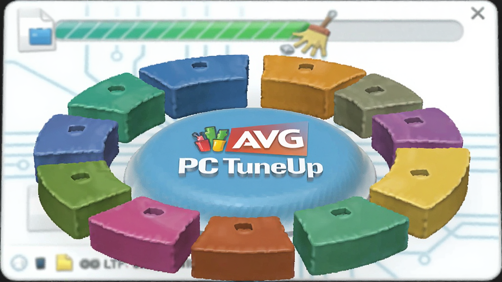 一张电脑磁盘空间分析的3D图表图,图表中央是“AVG PC TuneUp”的标志,周围环绕着不同颜色的色块,分别代表各类可清理的垃圾文件,背景中隐约可见一个正在清理文件的进度条,整体风格科技感十足,画质干净,无多余元素