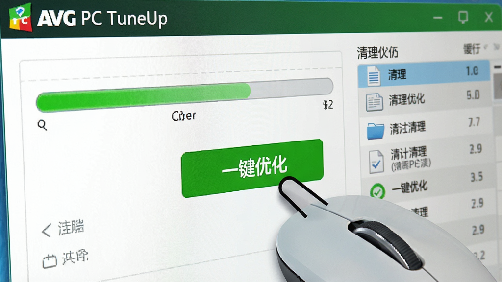 一张特写图片,显示鼠标点击“AVG PC TuneUp”界面上的“一键优化”绿色按钮,按钮上写着“一键优化”,屏幕背景是扫描进度条和正在被清理的缓存文件列表,画面明亮,突出软件的易用性,画质干净,无多余元素