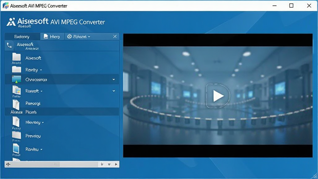 高清视频转换软件界面,电脑屏幕显示Aiseesoft AVI MPEG Converter主窗口,左侧文件列表,右侧预览画面,整体布局简洁现代,色调以蓝色为主,界面干净,画质清晰