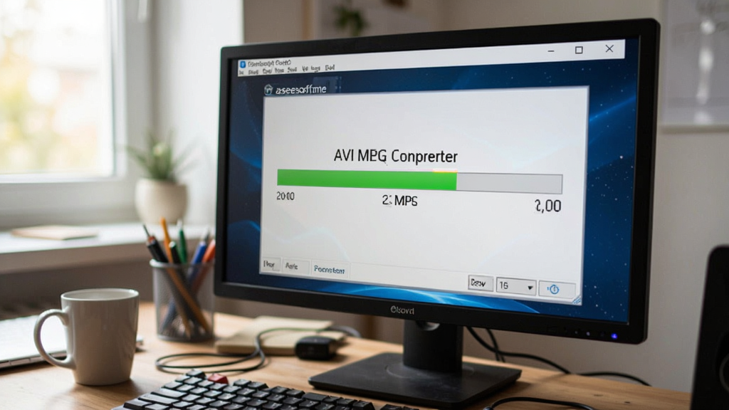 Aiseesoft AVI MPEG Converter运行中,电脑屏幕显示转换进度条,背景为工作台,画面清晰自然,色彩柔和