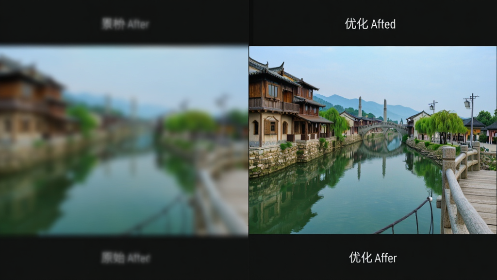 景桥播放器画质优化效果对比图,左右分屏显示同一帧画面,左侧为原始模糊图像,右侧为优化后的清晰图像,色彩更鲜艳,细节更丰富,界面背景为深色,突出画质差异,干净无多余元素