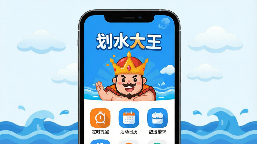 主体:划水大王APP界面展示,手机屏幕上有卡通风格的大王角色和“划水大王”字样;布局:手机居中,界面元素清晰,周围有简洁的云朵和波浪装饰;排版:上下结构,上方为软件名称,下方为功能图标排列;风格:扁平化卡通风格,色彩明亮活泼,以蓝色和橙色为主色调;细节:界面显示“定时提醒”“活动日历”等图标,角色表情俏皮;画质:高清渲染,干净,无多余元素