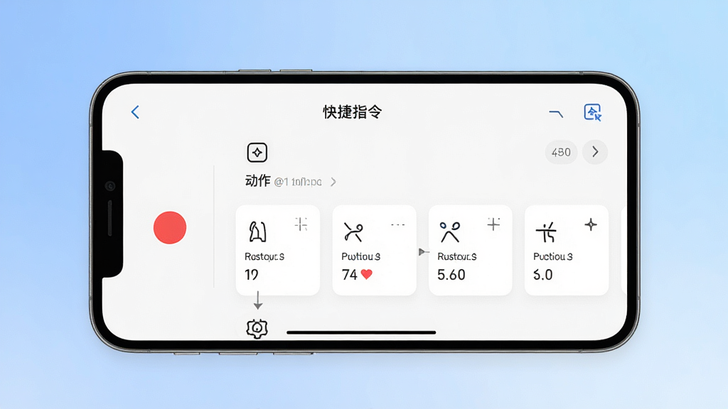 主体:手机横屏展示划水大王应用内“快捷指令”编辑页面,有录制按钮和动作序列;布局:手机居中,背景为柔和的渐变蓝;排版:顶部为应用栏,下方为指令列表;风格:现代简洁风格,图标线性设计;细节:录制按钮为红色圆点,动作序列以卡片形式排列;画质:超清,干净,无多余元素