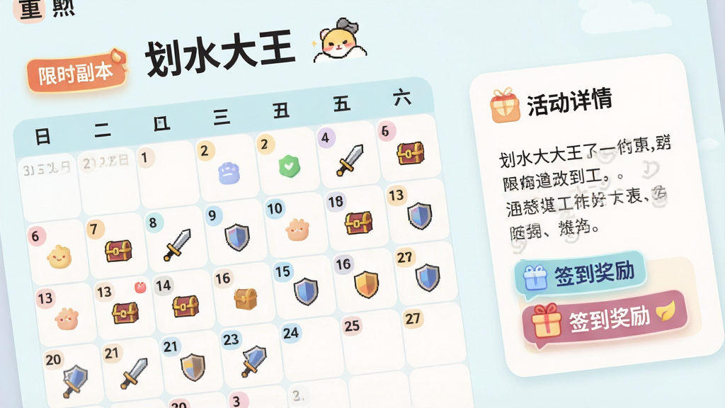 主体:日历界面特写,显示“划水大王”活动日历,标注“限时副本”“签到奖励”等彩色标签;布局:画面左侧为日历表格,右侧为活动详情卡片;排版:上下排列,月份标题在顶部;风格:清新简约风格,浅色背景,圆角卡片设计;细节:日期格子上有不同颜色的小图标,如宝箱、剑、盾牌;画质:细腻清晰,干净,无多余元素