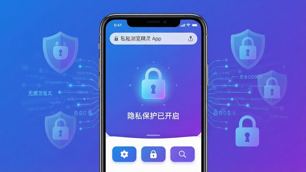 主体:私密浏览精灵App界面,手机屏幕显示无痕浏览模式,背景有盾牌与锁的图标,周围有数据加密线条。布局:手机居中,界面简洁,上方为地址栏,下方为功能按钮。排版:四周留白,突出主体。风格:现代扁平化,蓝紫色渐变主色调。细节:界面显示“隐私保护已开启”字样,锁形图标发光。画质:4K高清,干净,无多余元素。