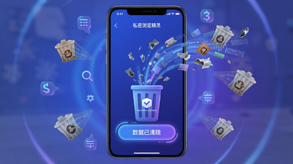 主体:手机屏幕展示私密浏览精灵的清除数据动画,背景有垃圾碎片被清理。布局:手机居中,四周有数据符号。排版:简洁,突出清除按钮。风格:动态效果,蓝紫色。细节:碎片化数据飞入废纸篓,文字“数据已清除”。画质:高清,干净,无多余元素。