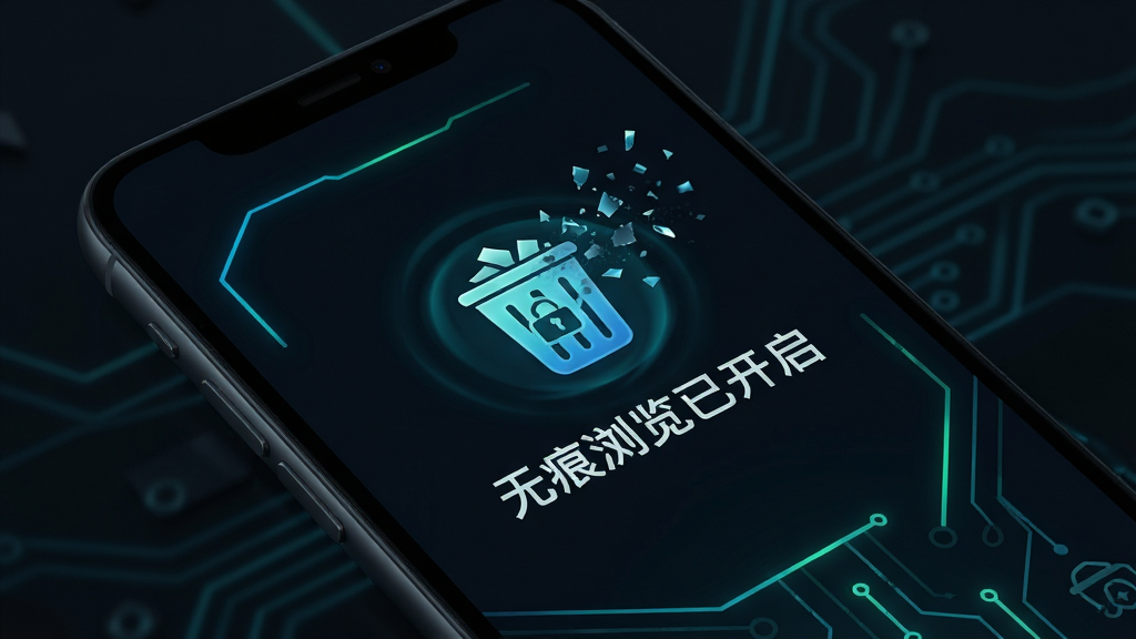主体:私密浏览精灵的无痕模式界面,手机屏幕显示“无痕浏览已开启”,背景为暗色,有清除数据的动态图标。布局:手机斜放,屏幕内容清晰可见。排版:图标与文字居中排列。风格:科技感,深色背景配蓝绿色线条。细节:废纸篓图标,数据碎片消散效果。画质:高清渲染,干净,无多余元素。