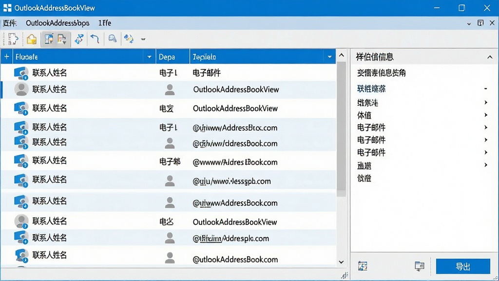主体:OutlookAddressBookView软件界面截图,显示联系人列表和导出按钮;布局:左侧为联系人列表,右侧为详细信息面板,顶部有菜单栏;排版:简洁清晰,列表行对齐,信息分类明确;风格:现代简约,蓝白配色;细节:界面中文字标注“OutlookAddressBookView”和“联系人姓名”、“电子邮件”等字段;画质:高清,干净,无多余元素。