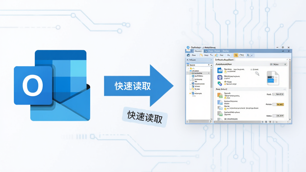 主体:OutlookAddressBookView读取联系人数据的流程图;布局:左侧为Outlook图标,中间为数据传输箭头,右侧为软件界面缩略图;排版:流程清晰,箭头指向明确;风格:扁平化,科技感;细节:图中标注“OutlookAddressBookView”和“快速读取”字样;画质:高清,干净,无多余元素。