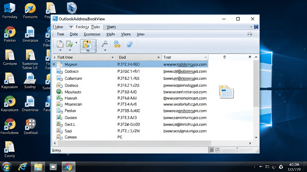 主体:OutlookAddressBookView软件在Windows桌面运行时的完整截图;布局:软件窗口居中,背景为桌面图标;排版:窗口元素清晰可见;风格:真实场景;细节:窗口标题显示“OutlookAddressBookView”,列表中展示联系人姓名和邮箱;画质:高清,干净,无多余元素。