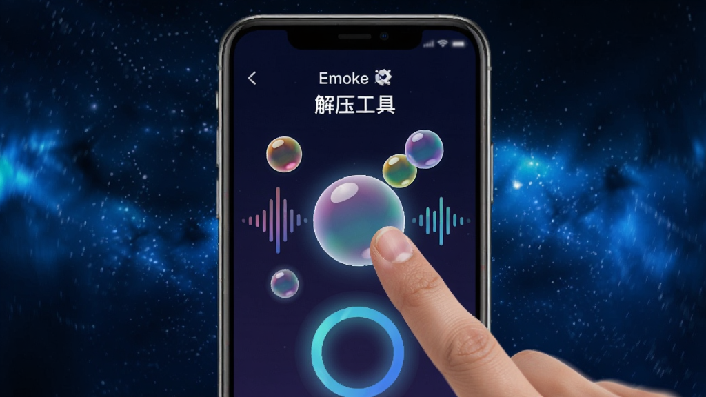 Emoke解压工具界面展示图,画面中央是手机特写,屏幕显示Emoke的“解压工具”页面,界面上有彩色泡泡、声波波纹和呼吸圆环等元素,手指正在点击一个泡泡,屏幕边缘有轻微的动效模糊,背景采用深邃的星空蓝,营造沉浸式体验,整体视觉具有科技感和放松感,画质细腻,无多余元素