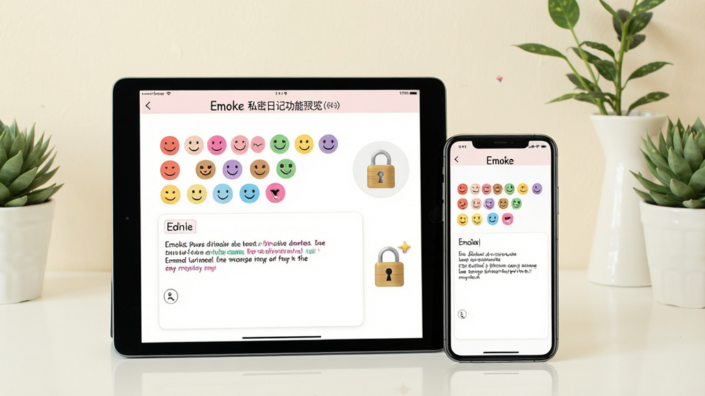 Emoke私密日记功能预览图,画面展示平板电脑和手机并排摆放,屏幕同步显示Emoke的日记编辑界面,界面内有丰富的彩色心情标签和文字输入区域,旁边有一个打开的锁形图标,暗示隐私保护功能,背景为淡雅的米白色,搭配几株绿色植物,整体风格干净明亮,突出安全与舒适感,画质高清,无多余元素
