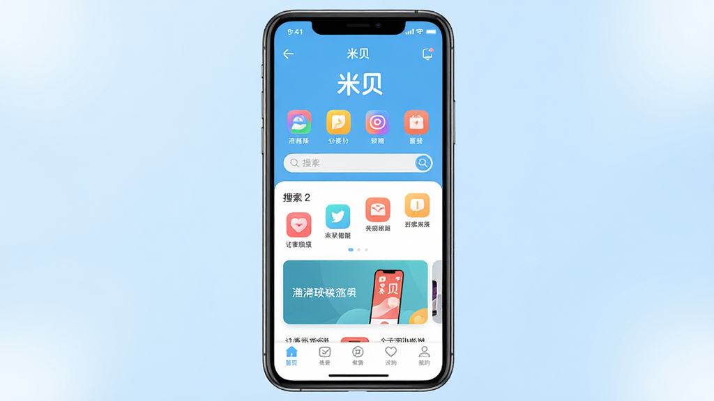 主体为一部亮屏的智能手机,屏幕中央显示“米贝”APP的首页界面,界面包含分类图标、搜索框和轮播图。布局为手机居中,背景为干净的浅蓝色渐变,四周有柔光效果。排版强调界面清晰、图标圆润,风格为现代扁平化,细节包括屏幕上的功能图标和底部导航栏,画质高清、干净、无多余元素。