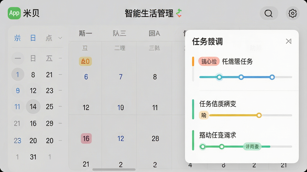 主体为米贝APP的日程管理界面截图,展示日历视图和任务列表。布局以日历为背景,左侧为日期选择,右侧为任务详情,顶部有“智能生活管理”字样。排版采用卡片式设计,风格简约清爽,细节包括彩色标签和进度条,画质高清、干净、无多余元素。