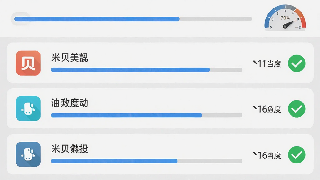 主体为米贝APP的下载管理页面,列表显示多个下载任务,顶部有进度条和速度仪表盘。布局为列表式,每个任务行包含图标、名称、进度和速度,背景为浅灰色,排版整齐,风格为实用主义,细节包括蓝色进度条和绿色完成勾,画质高清、干净、无多余元素。
