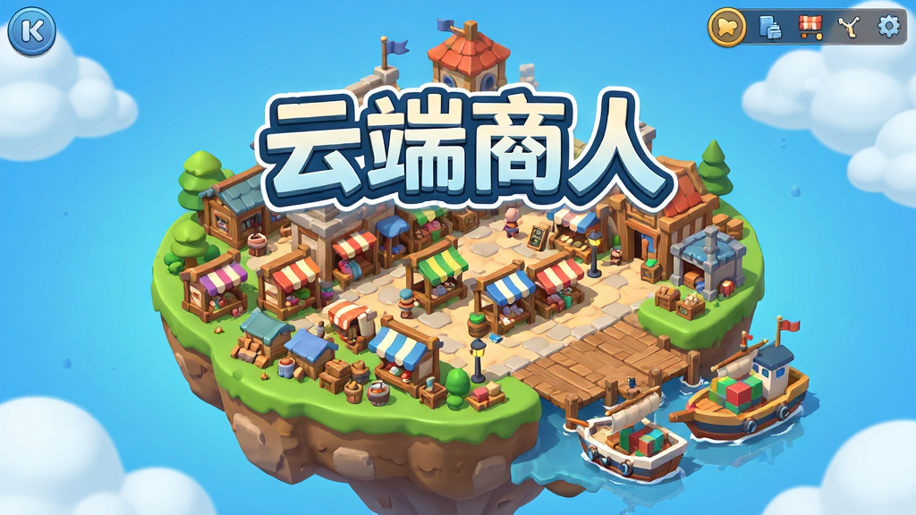 画面中心是《云端商人》游戏标志性的浮空岛屿与繁华港口,岛屿上错落有致的商铺与仓库,色彩明亮,卡通渲染风格,主城布局,UI界面简洁,展示交易市场与货船,画质高清,干净,无多余元素