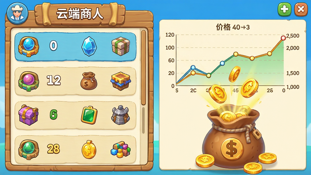 游戏内《云端商人》的岛屿市场界面,左侧是商品列表,右侧是价格走势图表,金币飞入钱袋的动效,整体风格明亮,卡通UI,布局清晰,细节丰富,画质高清,干净,无多余元素