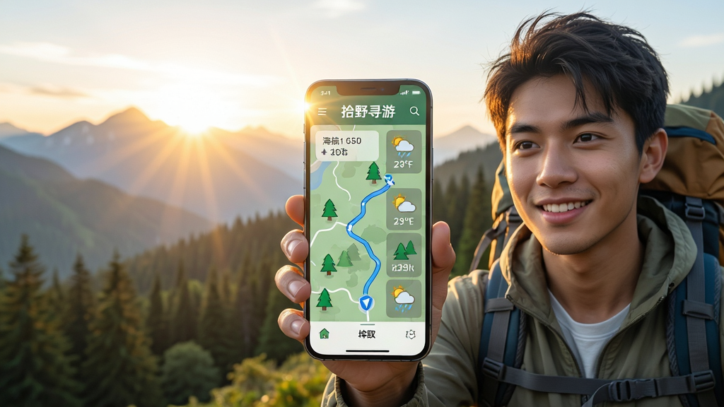 主体:一位背着登山包的年轻旅行者手持智能手机,手机屏幕上显示“拾野寻游”APP的导航界面,背景是壮丽的日出山峦与茂密森林。布局:人物位于画面右侧三分之一处,左侧留白给自然风光,手机屏幕朝向前方,界面清晰可见。排版:手机屏幕上的地图路线、海拔数据、天气图标呈半透明浮层展示,文字标签“拾野寻游”醒目。风格:写实摄影与数字UI结合,明亮通透的色调,自然光感强烈。细节:手机屏幕反射阳光,地图上显示蓝色路径与绿色植被图标,人物表情专注而愉悦。画质:8K超高清,细节丰富,干净无多余元素。