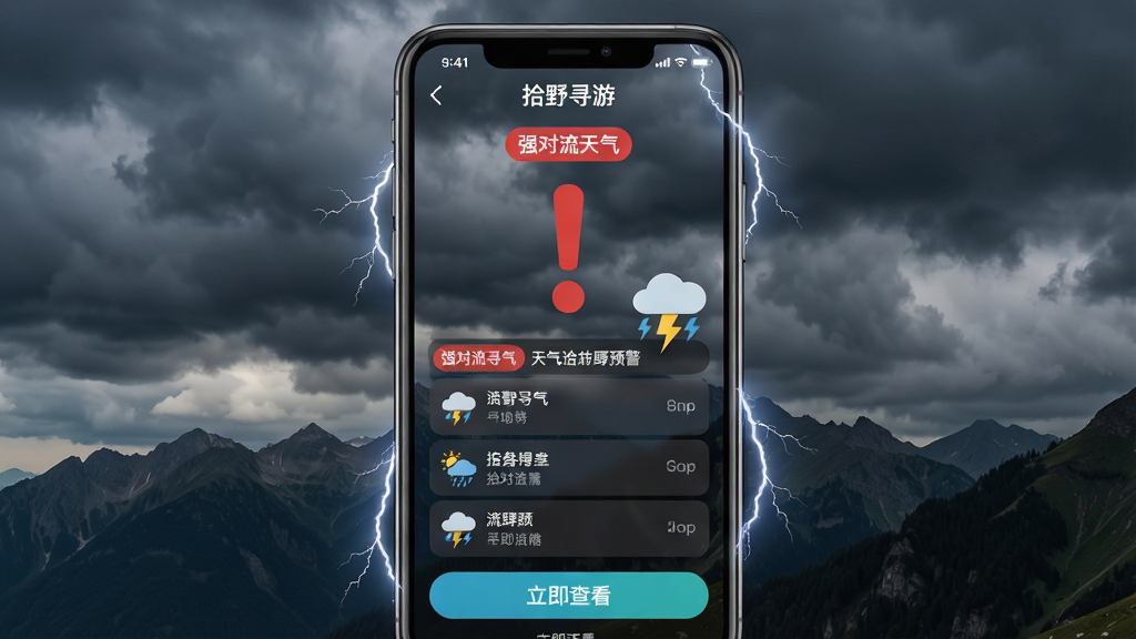 主体:手机屏幕显示“拾野寻游”天气预警界面,背景是乌云密布的山脉。布局:屏幕中央有一个巨大的红色感叹号图标,下方滚动显示预警详情。排版:预警文字以列表形式排列,每条前面有对应天气图标,顶部有“强对流天气”标签。风格:写实背景搭配扁平UI,色彩对比强烈。细节:手机屏幕边缘有闪电特效,底部有“立即查看”按钮。画质:超清,视觉冲击力强,干净无多余元素。